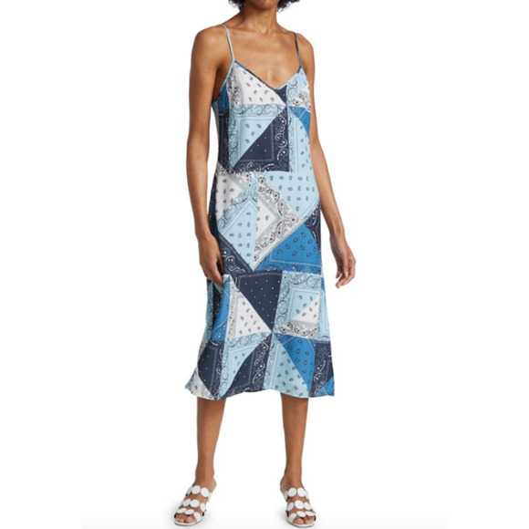 STAUD Dolores Bandana Print Slip Dress Patchwork Blue Capri Midi NWT Medium - Picture 2 of 7